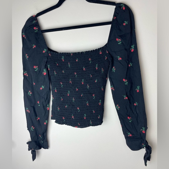Reformation Black Rose Red Floral The Kemmy Long Sleeve Top Size 0 - Picture 6 of 8